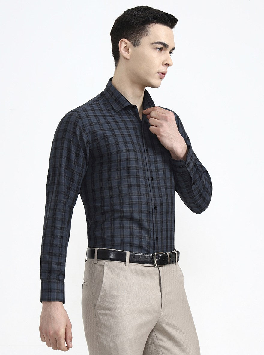 Grey & Black Checked Regular Fit Formal Shirt | Greenfibre