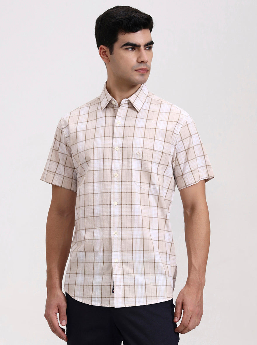 Beige Checked Slim Fit Casual Shirt | Greenfibre