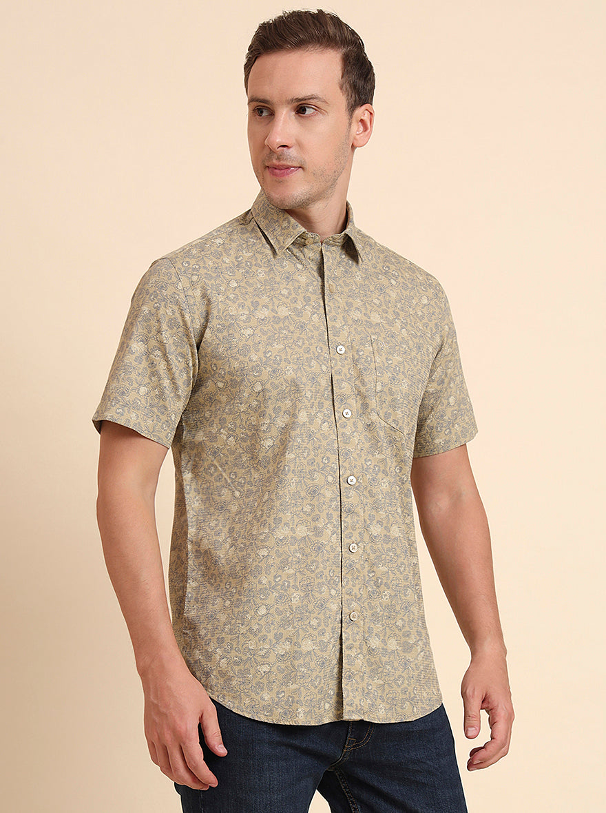 Beige Printed Tailored Fit Semi Casual Shirt | JadeBlue