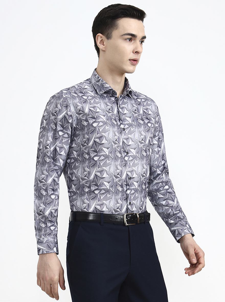 Grey Printed Slim Fit Party Wear Shirt | Greenfibre