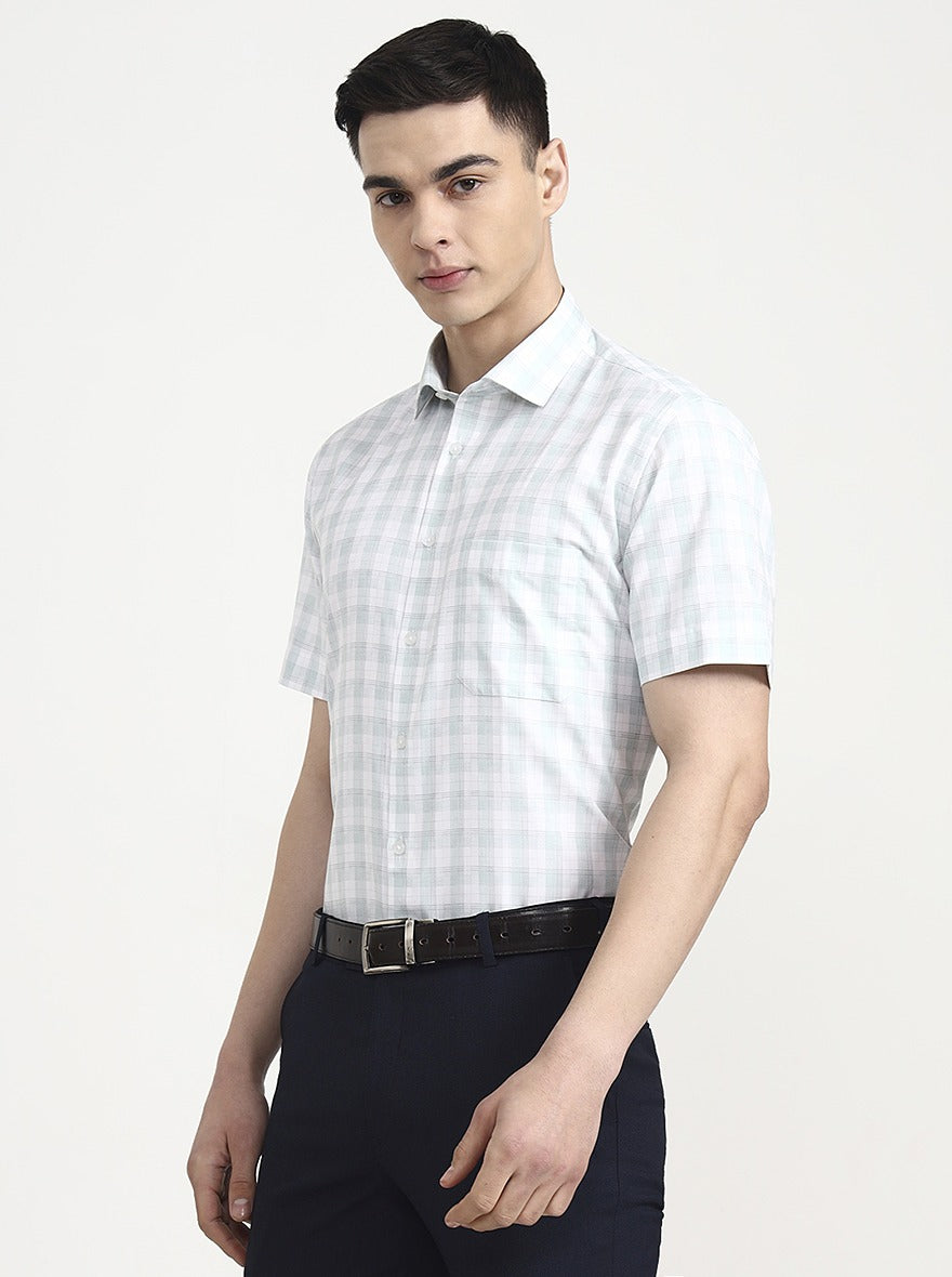 White & Green Checked Regular Fit Formal Shirt | Greenfibre