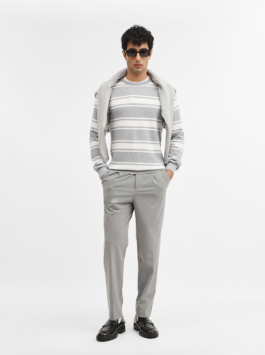 White & Grey Striped Slim Fit Winter T-Shirt | JadeBlue