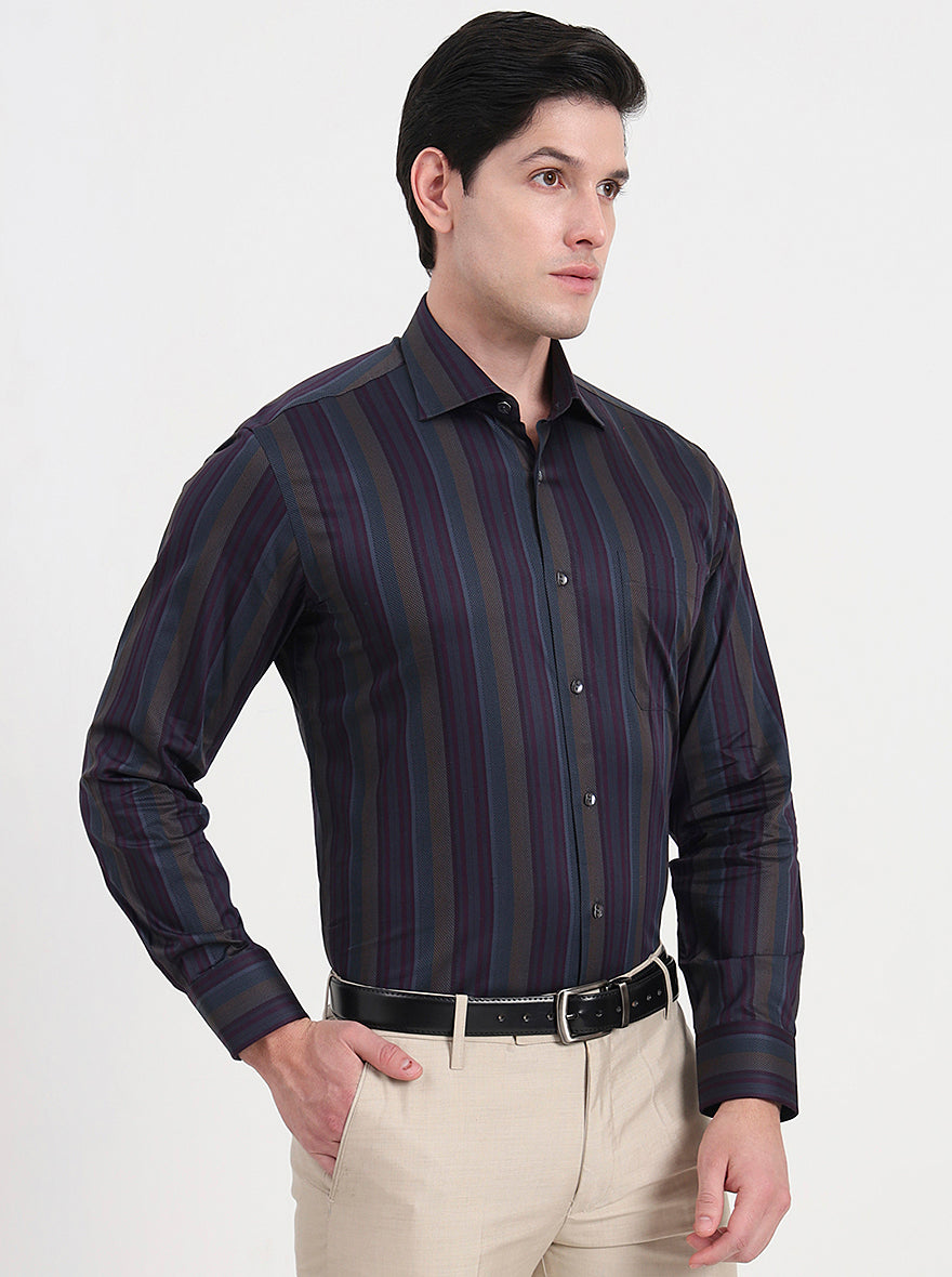 Brown & Grey Striped Slim Fit Formal Shirt | JadeBlue Super Luxe