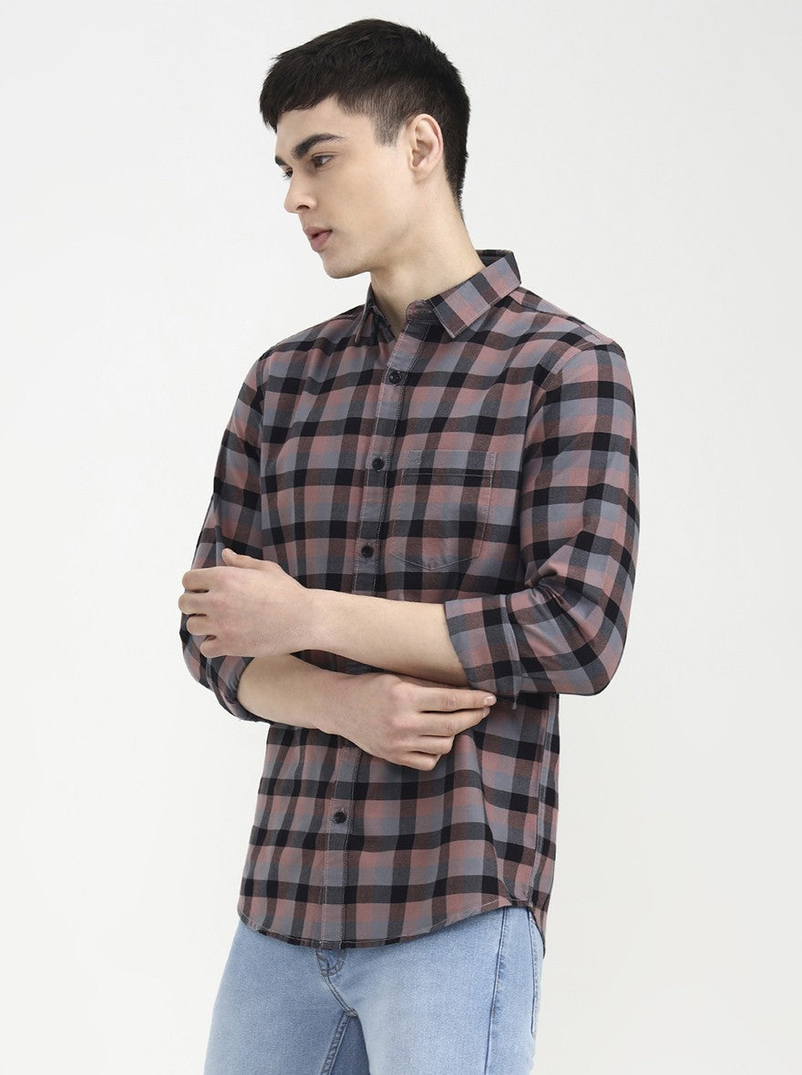 Dark Pink Checked Slim Fit Casual Shirt | JadeBlue