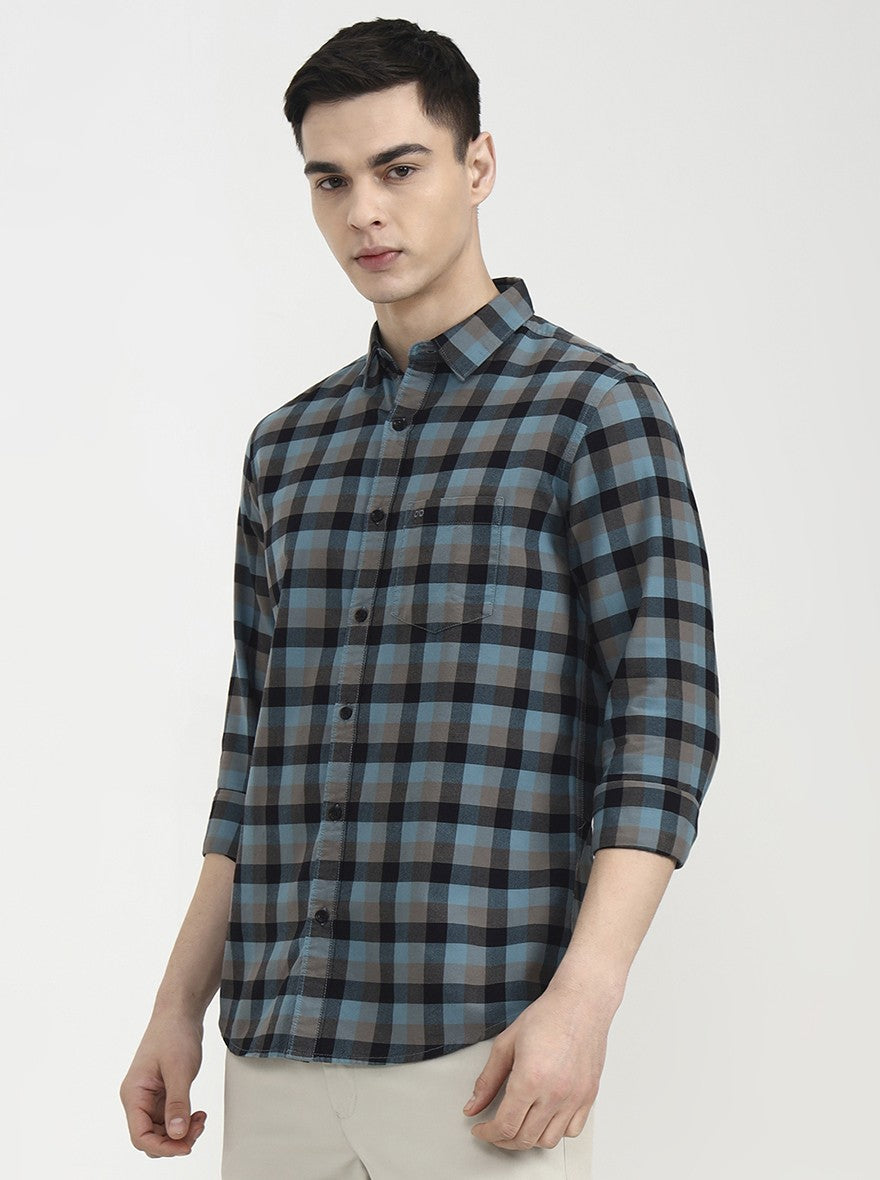 Dark Mint Checked Slim Fit Casual Shirt | JadeBlue