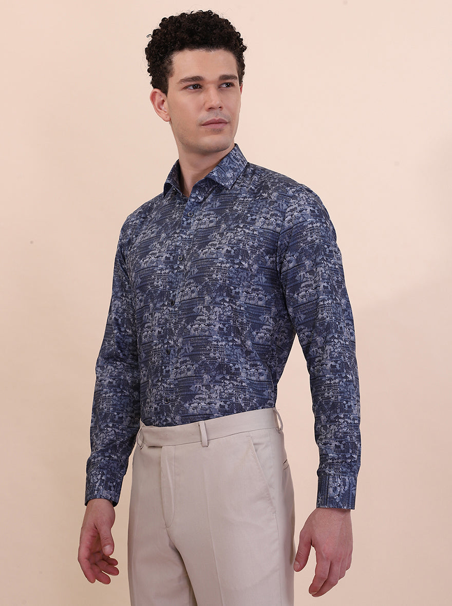 Blue Printed Slim Fit Party Wear Shirt | Greenfibre