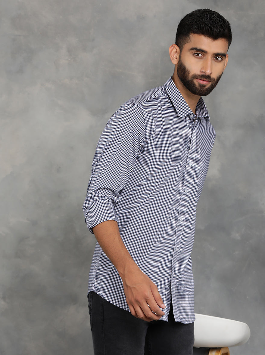 Navy Blue Checked Smart Fit Semi Casual Shirt | GreenFibre