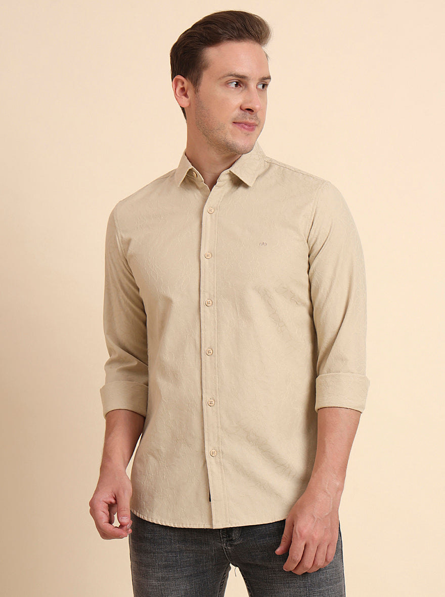 Beige Solid Slim Fit Casual Shirt | JadeBlue