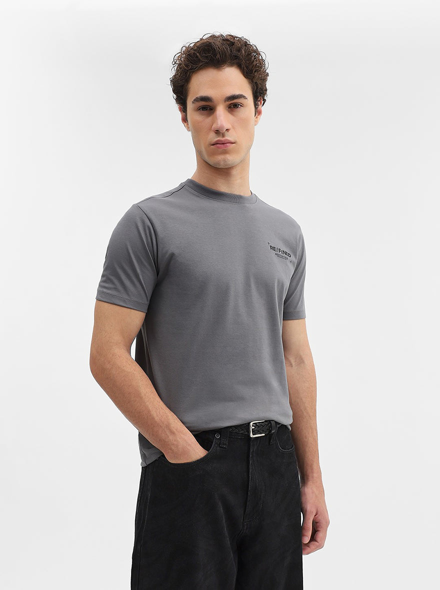 Charcoal Grey Printed Slim Fit T-Shirt | JadeBlue