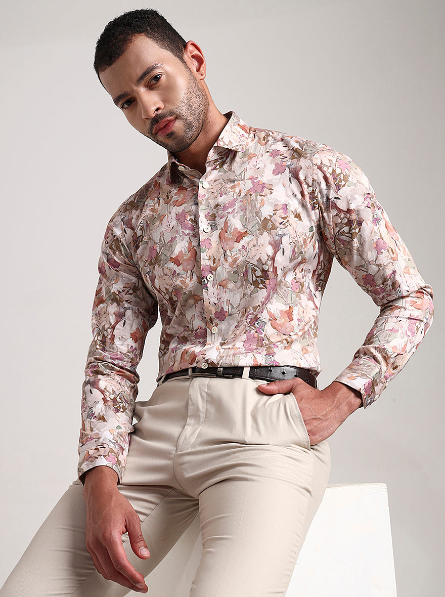 Beige Printed Slim Fit Party Wear Shirt | Wyre