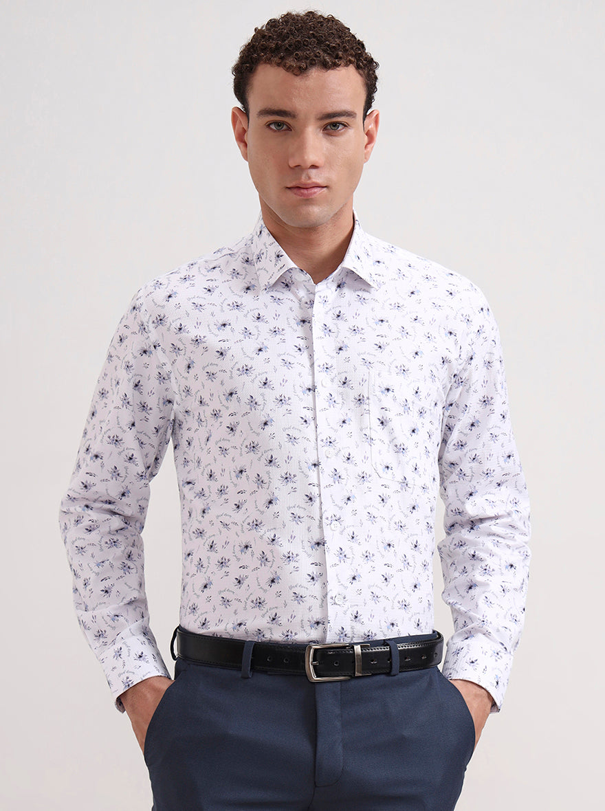 White & Blue Printed Slim Fit Formal Shirt | Metal