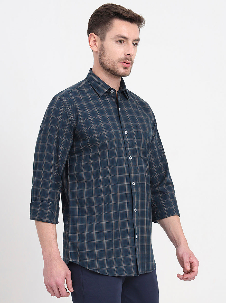 Green Checked Regular Fit Semi Casual Shirt | JadeBlue