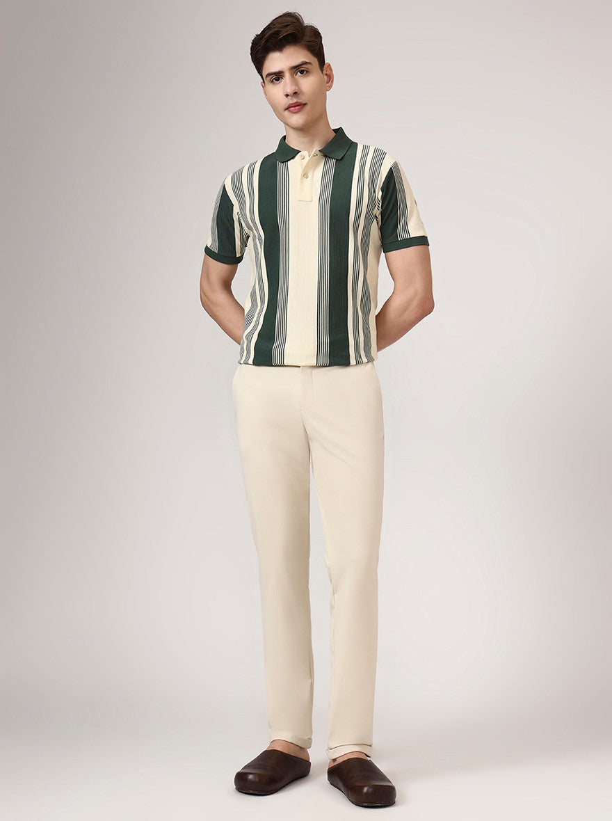 Cream Solid Venice Fit Casual Trouser | JadeBlue