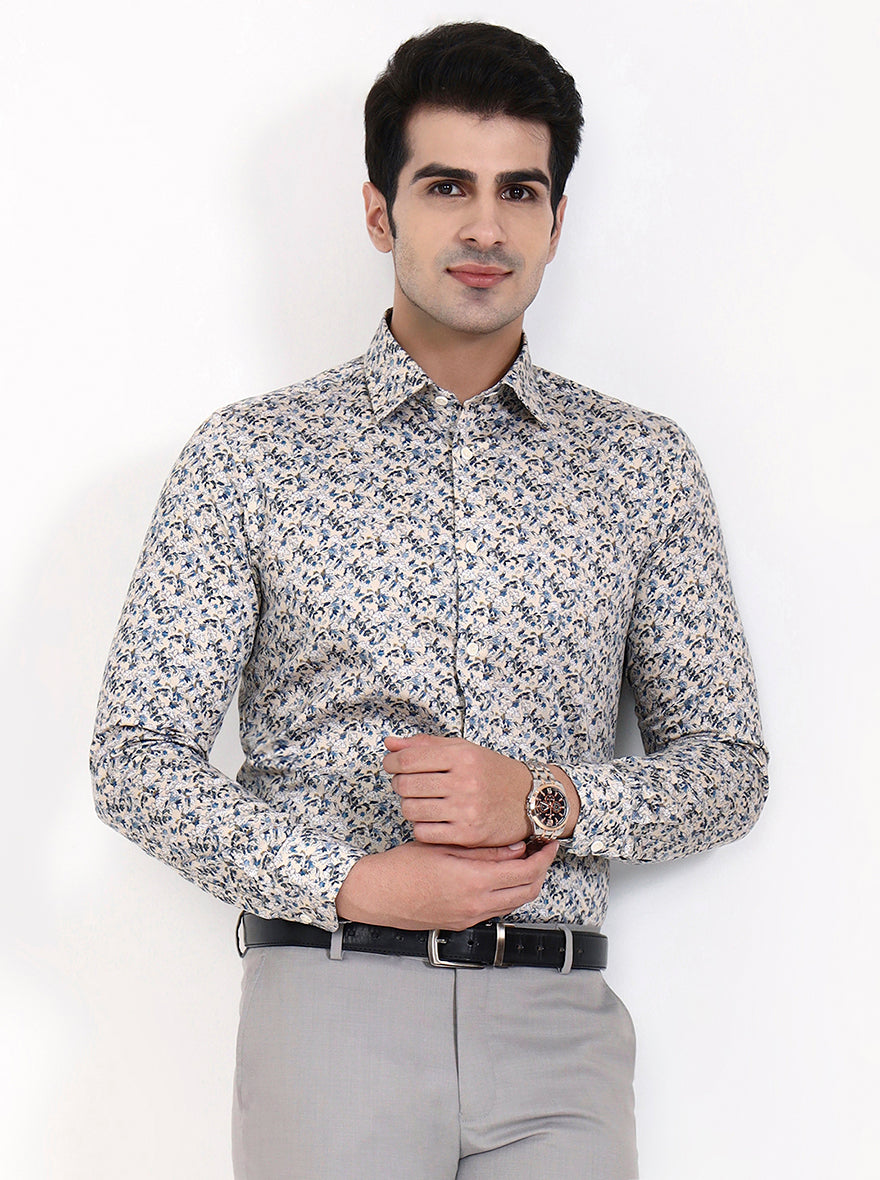 Cream & Blue Printed Slim Fit Party Wear Shirt | Wyre