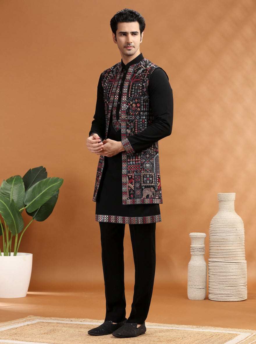 Black Embroidered Kurta Pajama with Koti | TULA