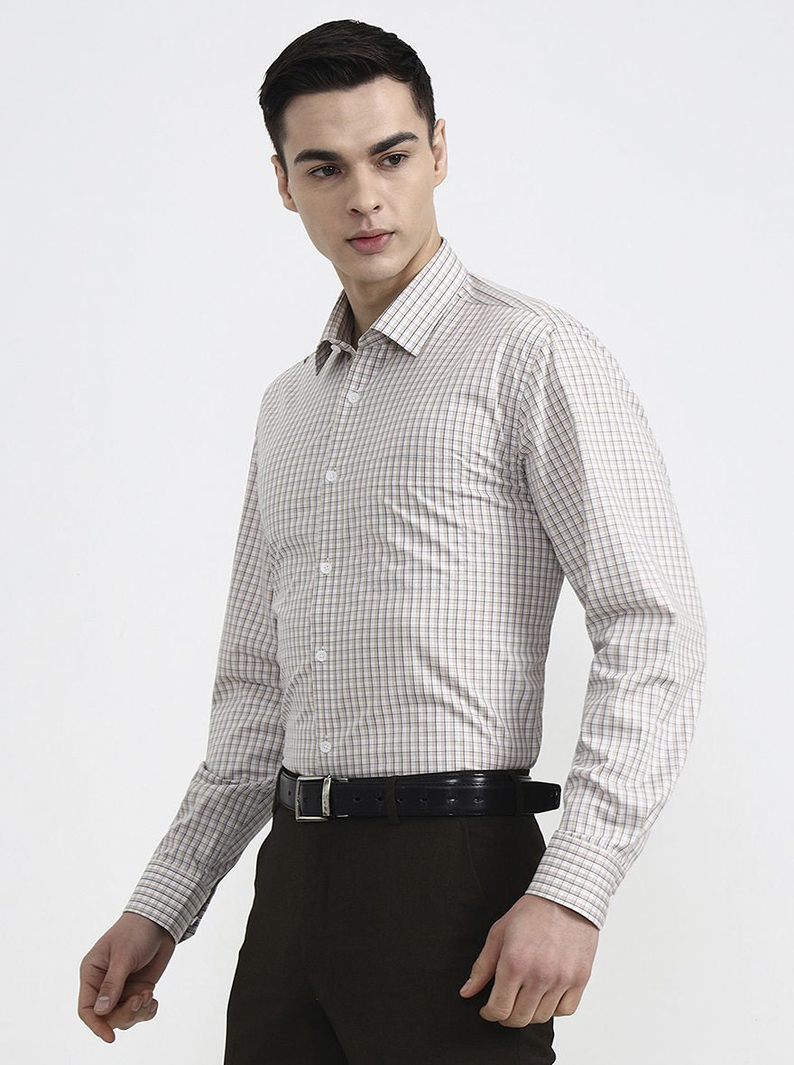 Fawn & Blue Checked Regular Fit Formal Shirt | JadeBlue