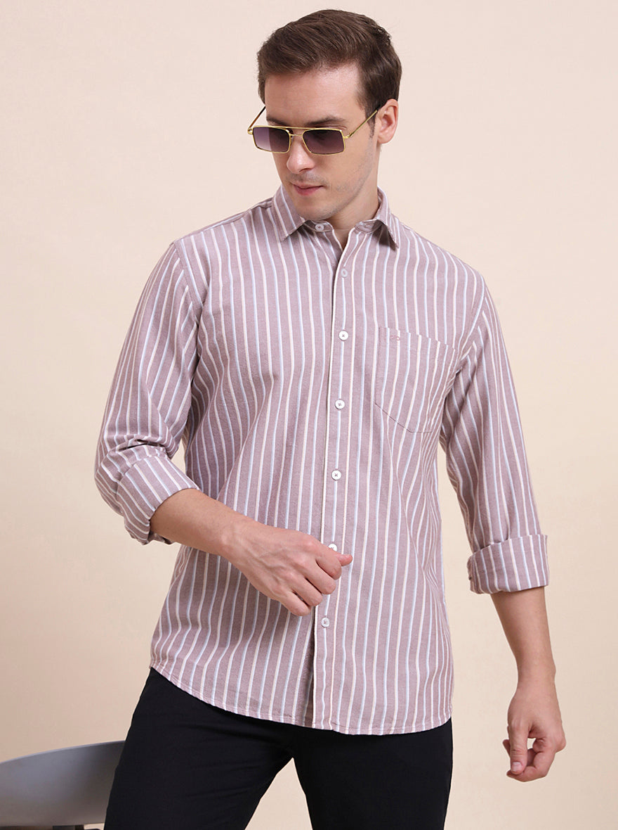 Brown Striped Tailored Fit Semi Casual Shirt | JadeBlue