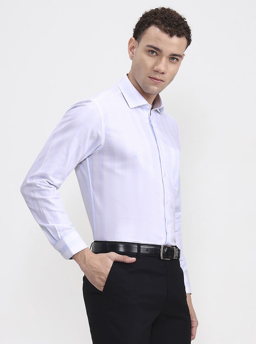 White & Blue Striped Slim Fit Formal Shirt | Metal