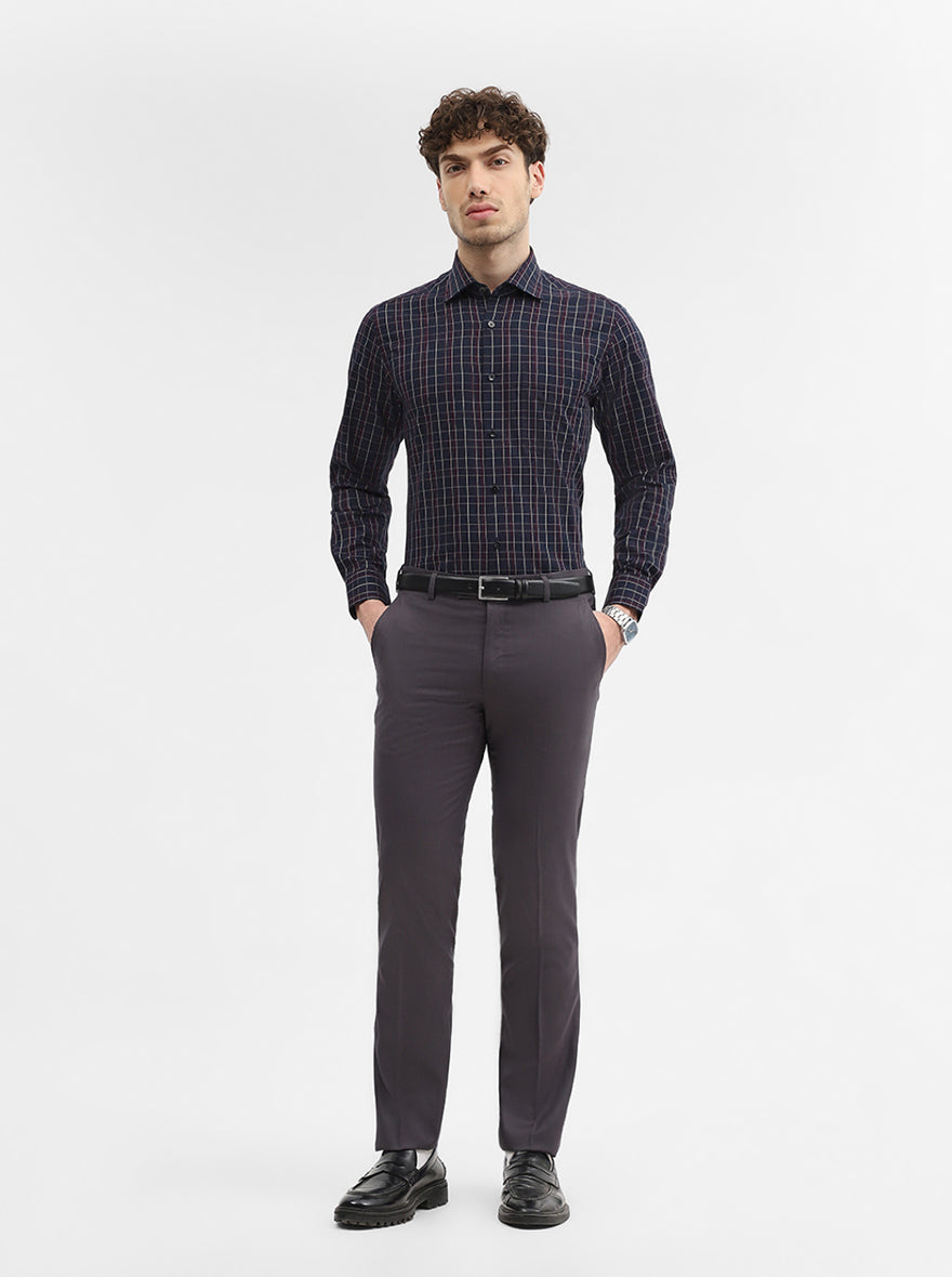 Navy Blue & Maroon Checked Slim Fit Formal Shirt | Metal