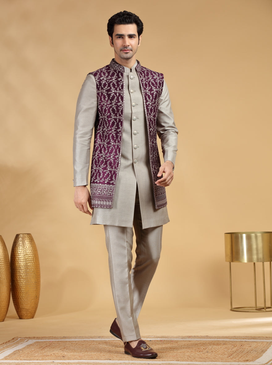 Light Grey Embroidered Indowestern | TULA
