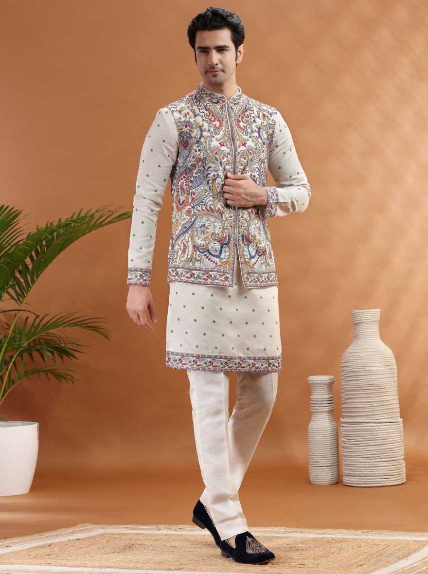 Cream Embroidered Kurta Pajama with Koti | TULA