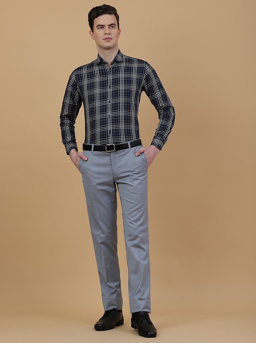 Navy Blue Checked Slim Fit Formal Shirt | Metal