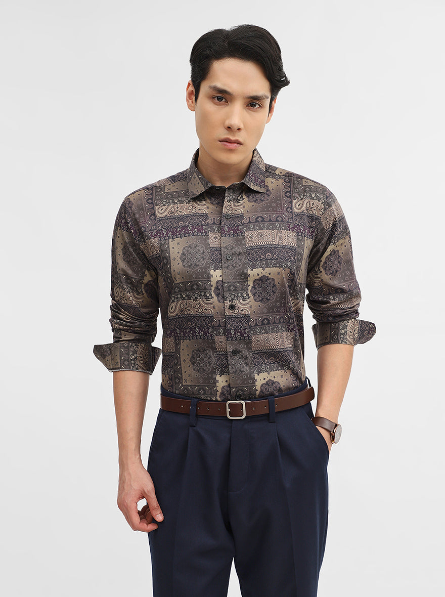 Olive Printed Slim Fit Casual Shirt | JadeBlue