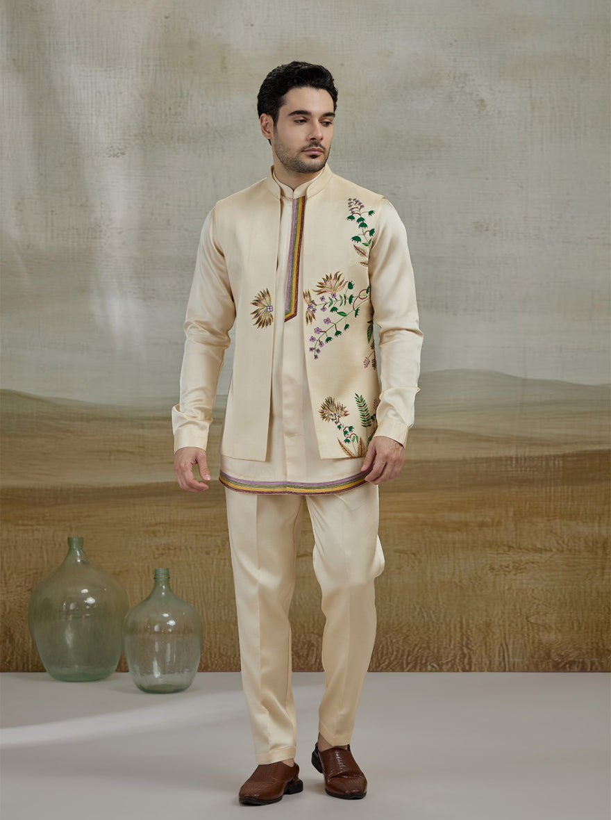 Cream Embroidered Kurta Pajama with Koti | TULA