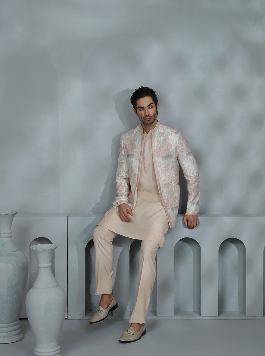 Cream & Pink Printed Indowestern | TULA