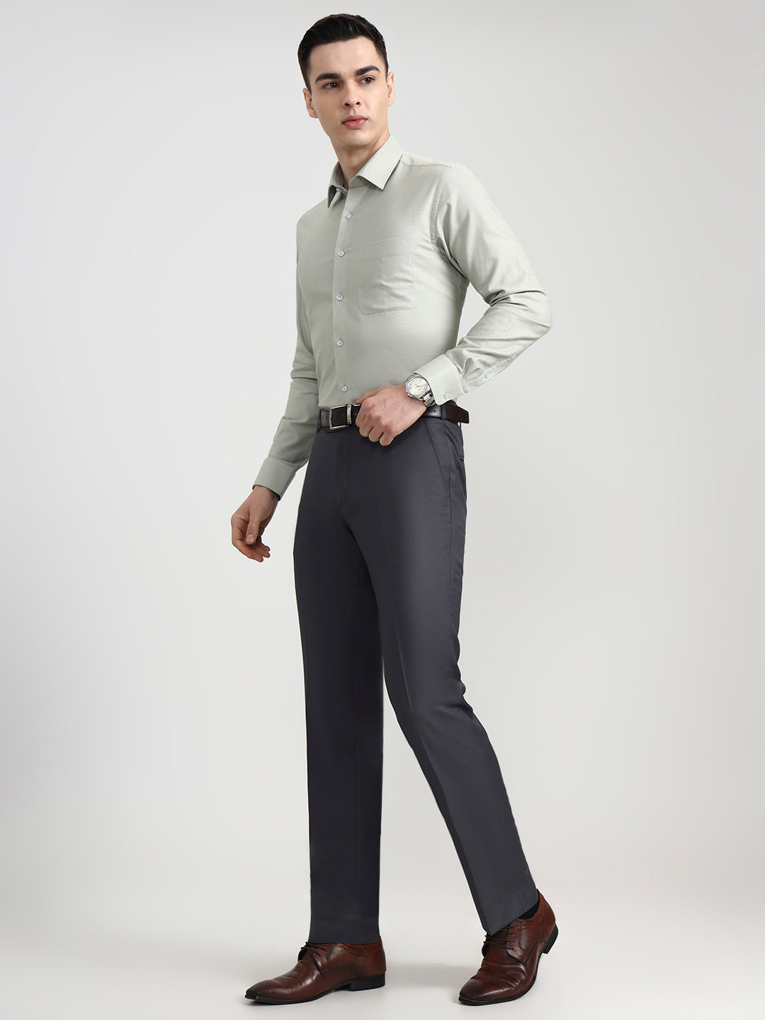 Dark Grey Solid Slim Fit Formal Trouser | JadeBlue