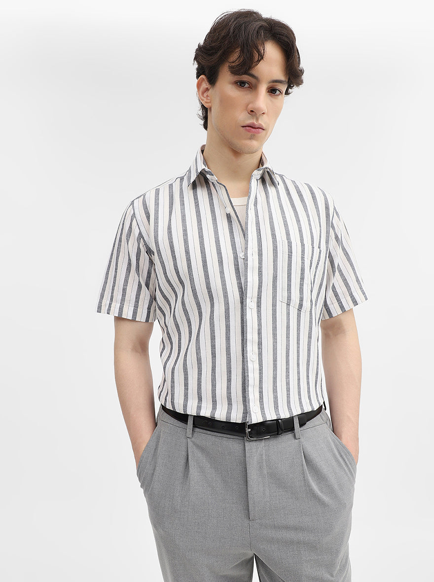 Grey Striped Tailored Fit Semi Casual Shirt | JadeBlue