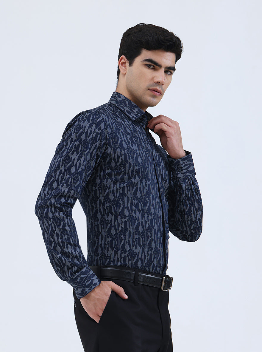 Blue Printed Slim Fit Formal Shirt | JadeBlue Youth