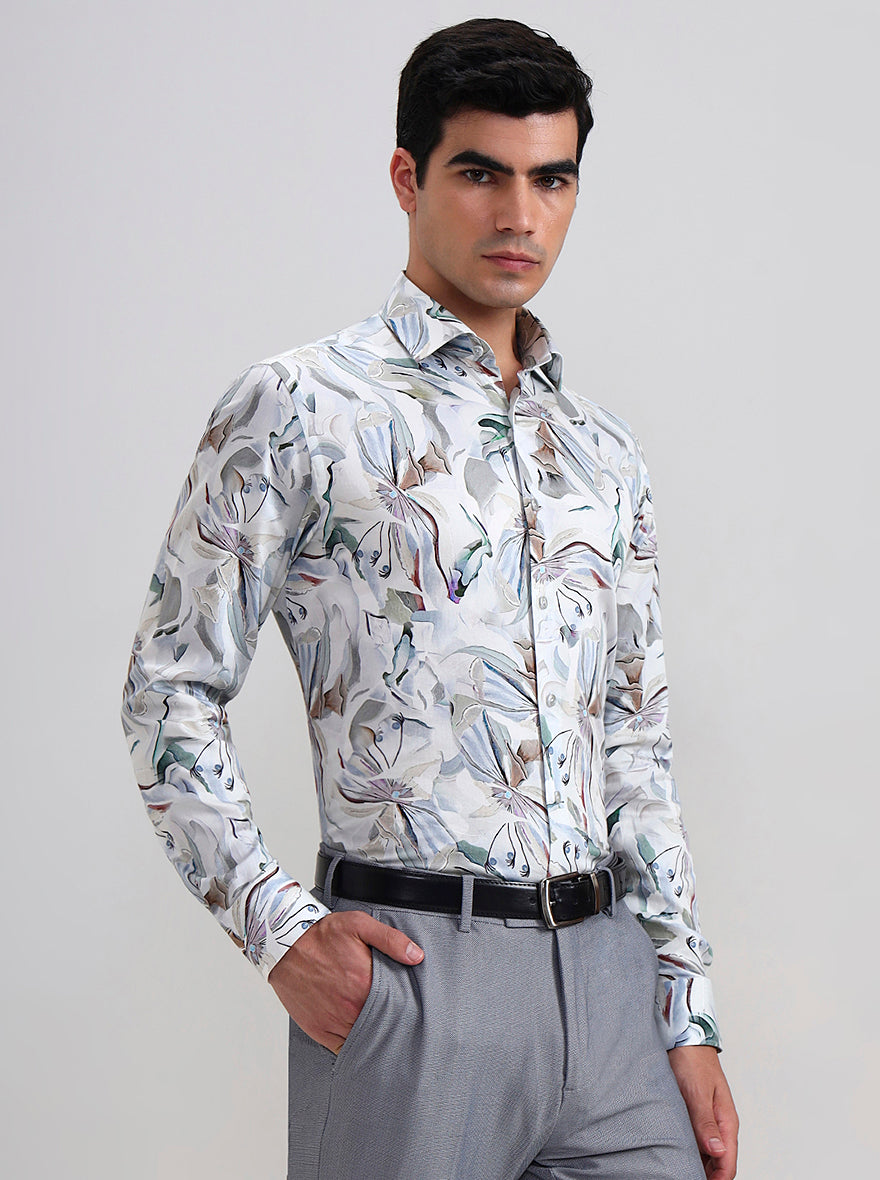 White & Blue Printed Regular Fit Formal Shirt | JadeBlue