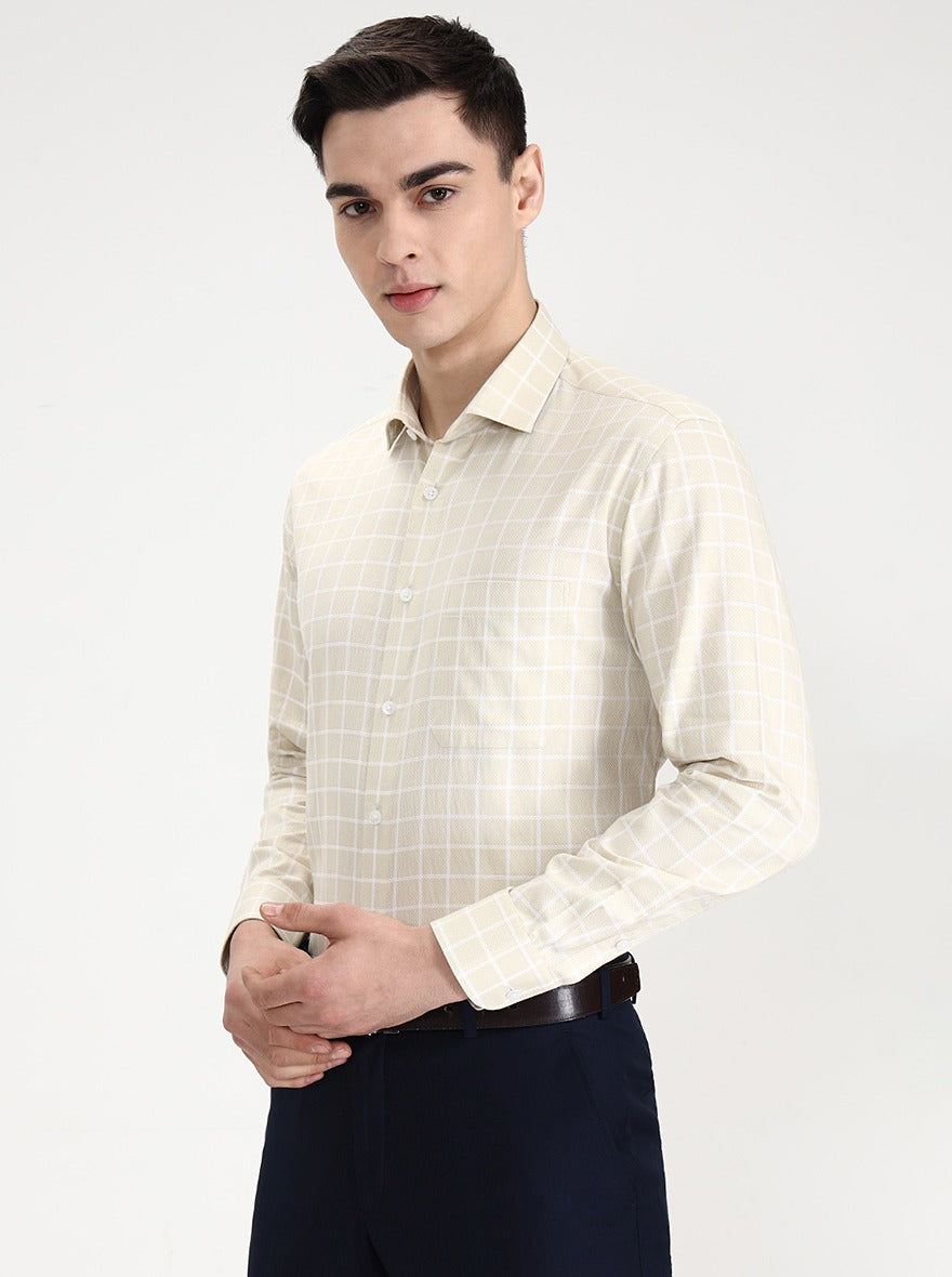 Cream & White Checked Regular Fit Formal Shirt | Metal