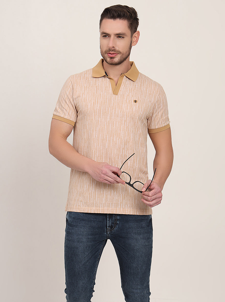 Khaki Printed Slim Fit Polo T-Shirt | JadeBlue