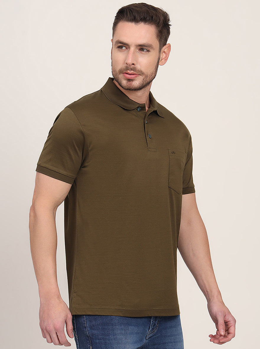 Olive Brown Solid Regular Fit Polo T-Shirt | JadeBlue