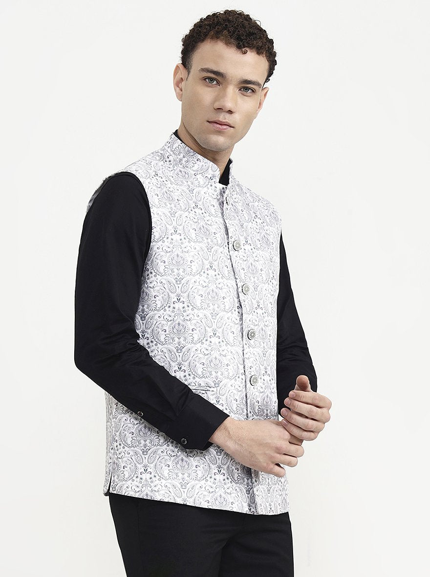 Grey & White Printed Waistcoat | Greenfibre
