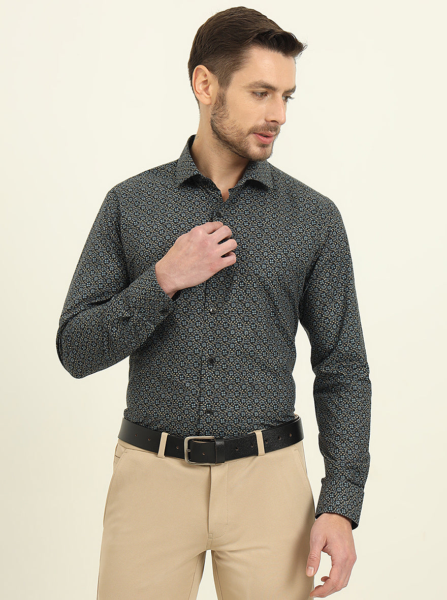 Navy Blue Printed Slim Fit Formal Shirt | Metal