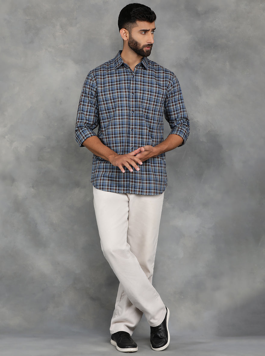 Blue Checked Slim Fit Casual Shirt | JadeBlue
