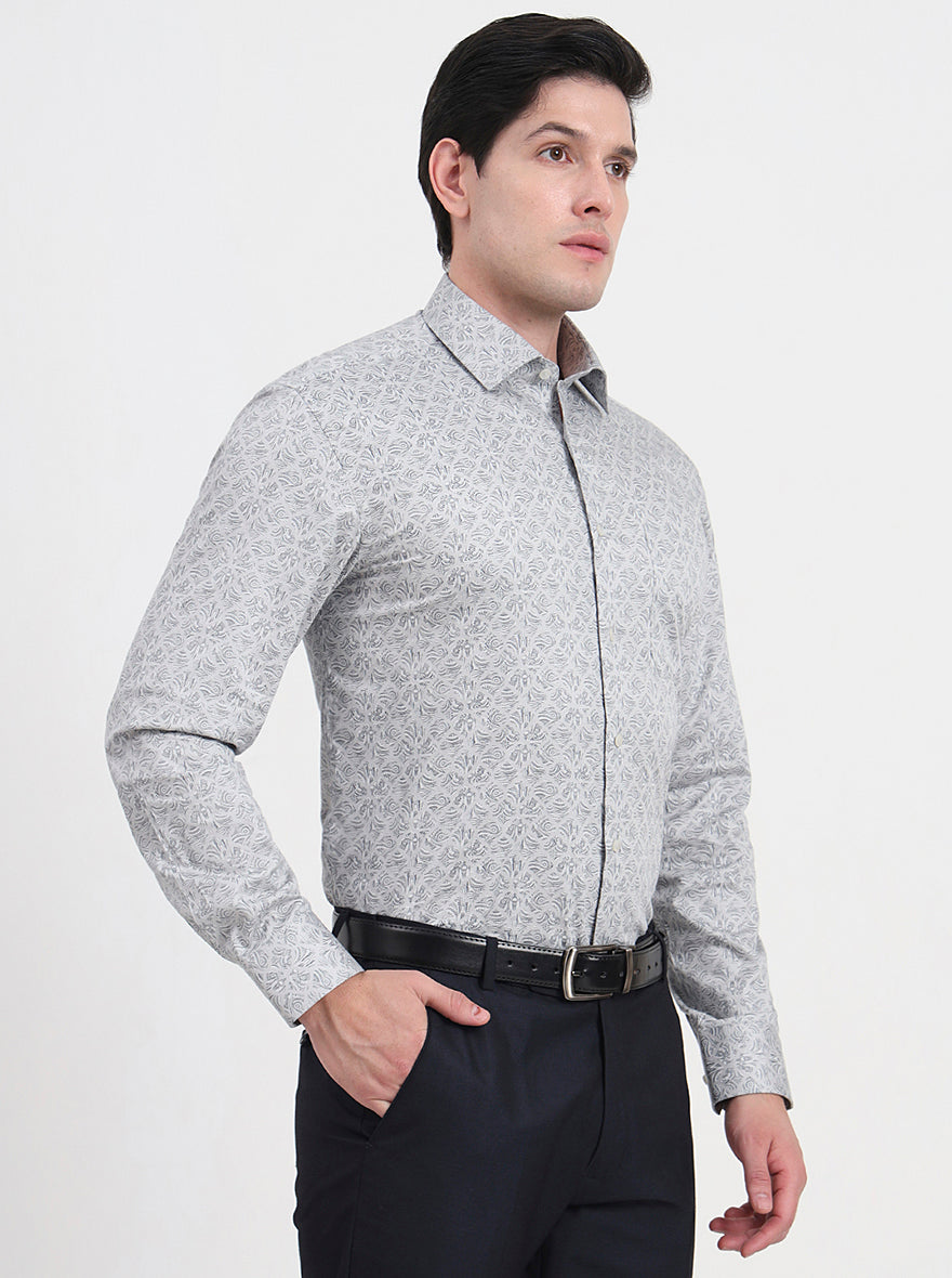 Grey & Black Printed Regular Fit Formal Shirt | JadeBlue