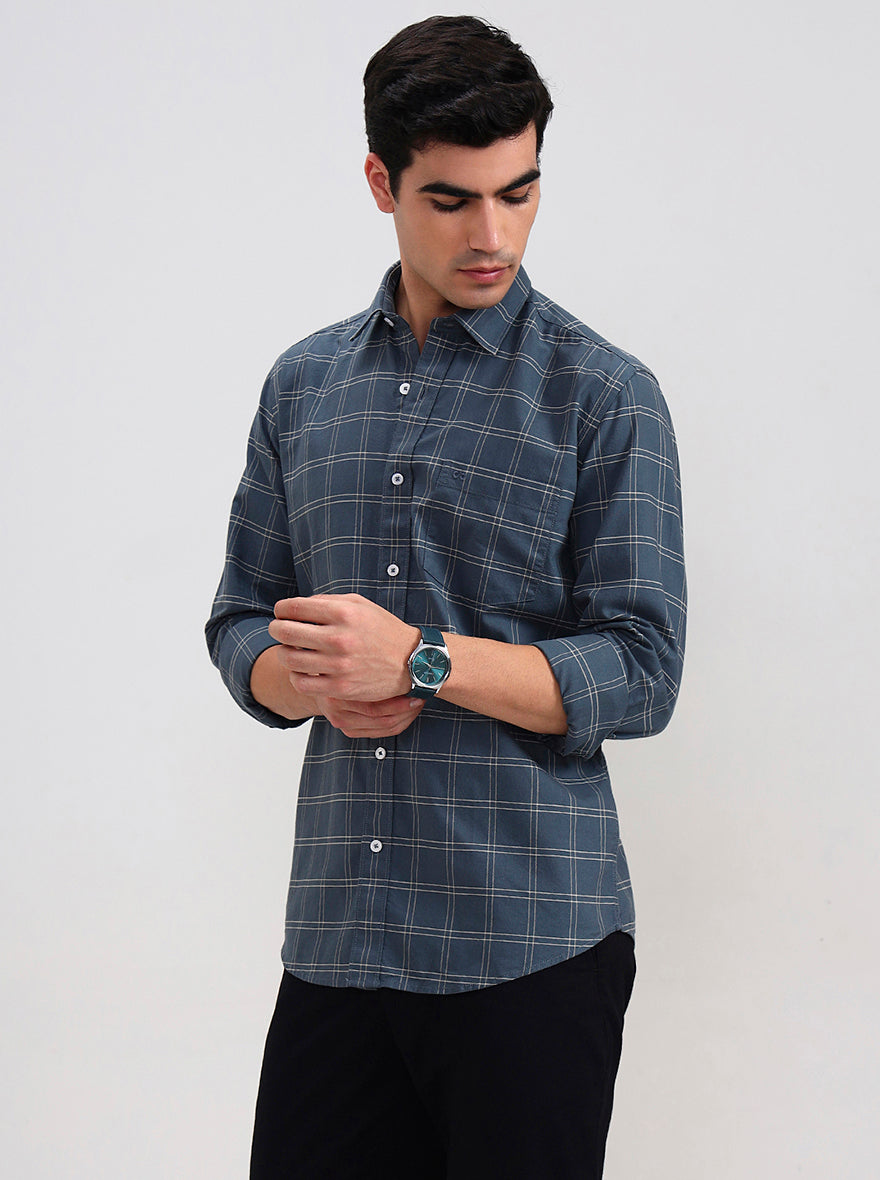 Green Checked Tailored Fit Semi Casual Shirt | JadeBlue