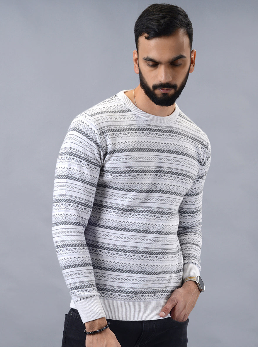 Grey Striped Slim Fit Winter T-Shirt | JadeBlue