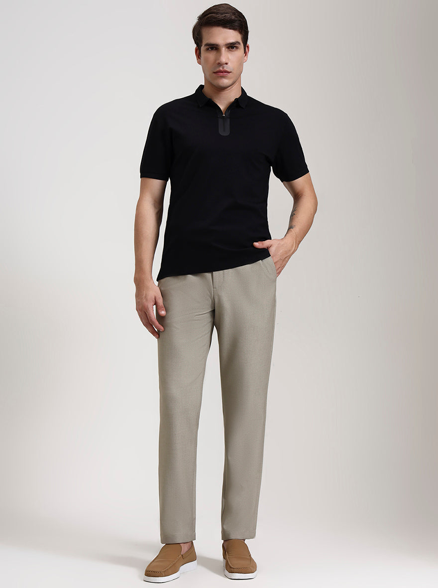Beige Solid Slim Fit Casual Trouser | JadeBlue