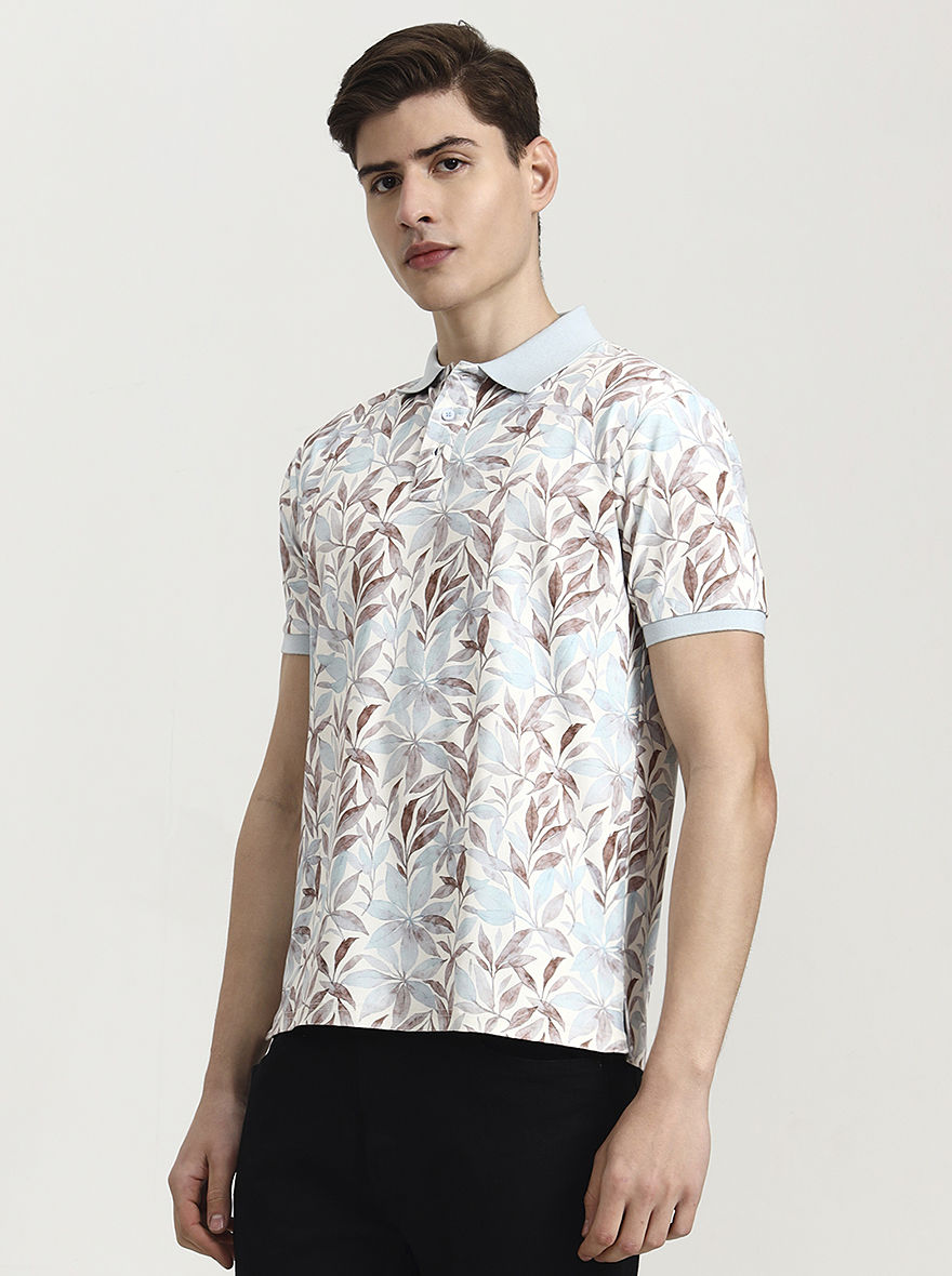 Sky Blue Printed Slim Fit Polo T-Shirt | JadeBlue