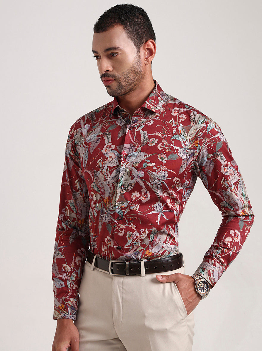 Maroon Printed Slim Fit Party Wear Shirt | Wyre