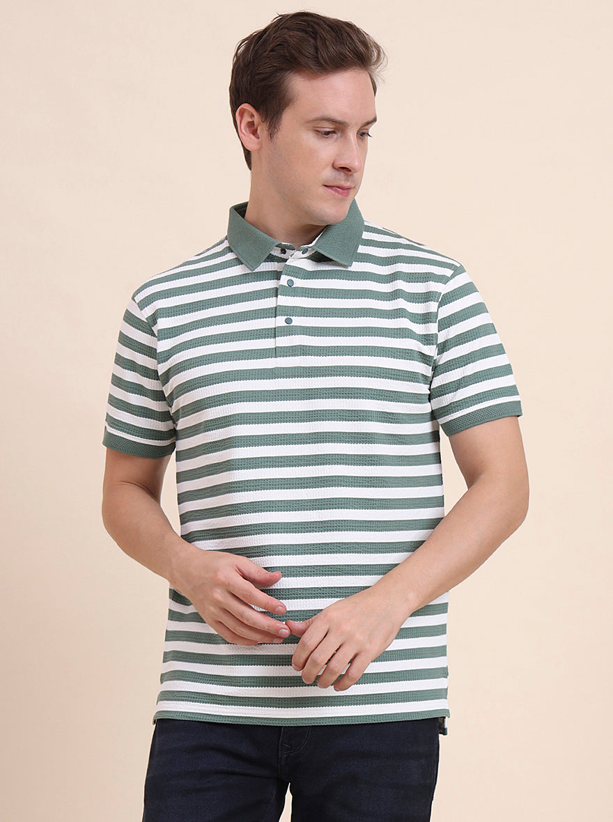 Olive & White Striped Slim Fit Polo T-Shirt | JadeBlue