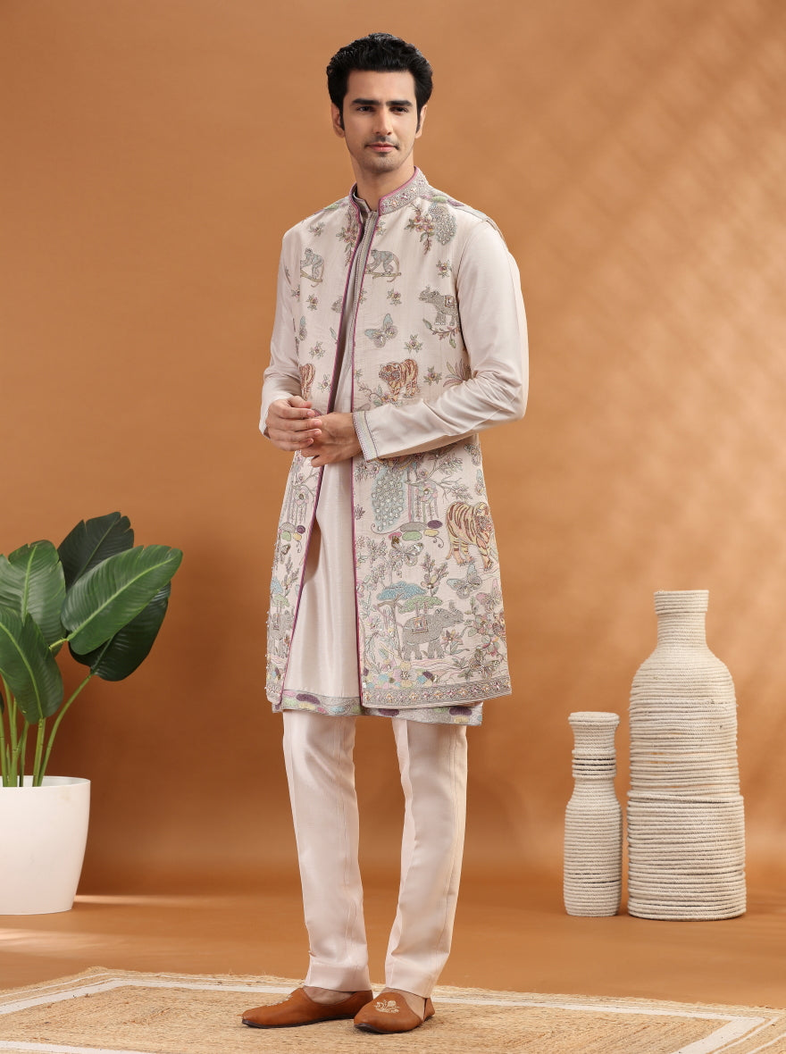 Pink Embroidered Kurta Pajama with Koti | TULA