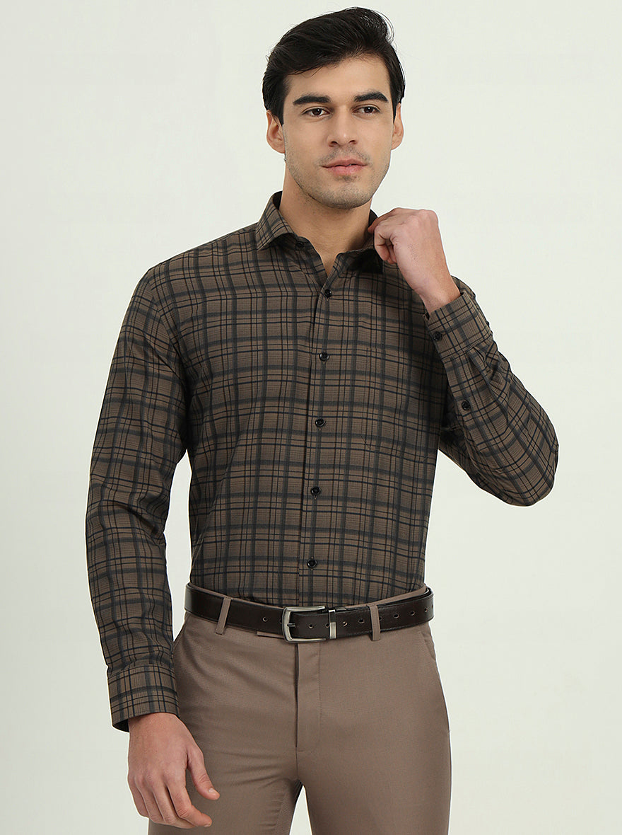 Brown & Black Checked Slim Fit Formal Shirt | Greenfibre