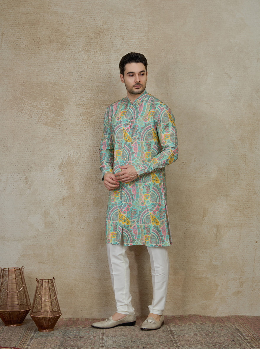 Aqua Green & Multicolor Printed Kurta Pajama | Azania