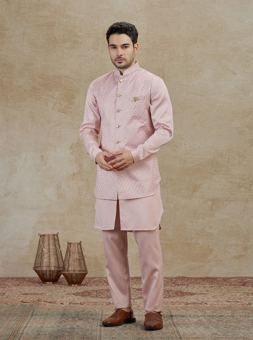 Onion Pink Embroidered Kurta Pajama with Koti | Virasana